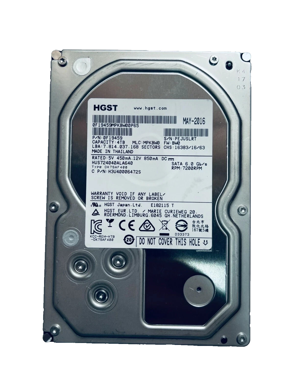 HUS724040ALA640 HGST Hitachi 4TB 7.2K SATA 3.5” Hard Drive 0F19459