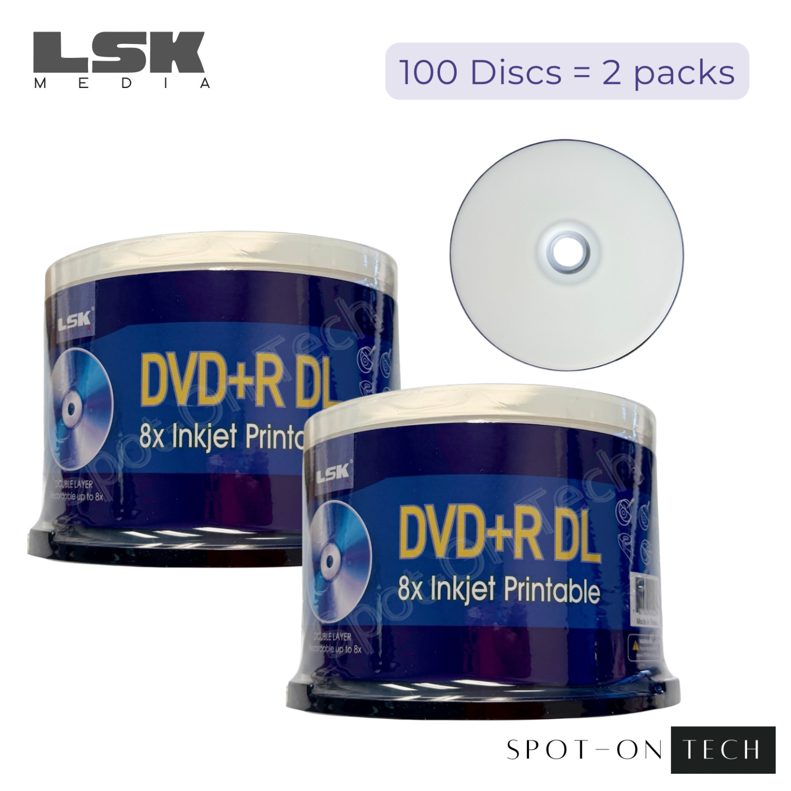 100 LSK DVD DVD+R DL 8x Dual Double Layer White Inkjet print 8.5GB 240Min Dup hp
