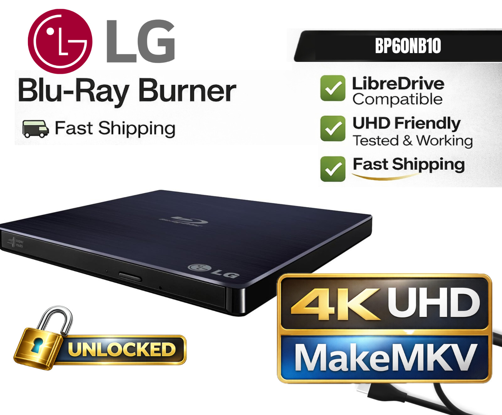 LG BP60NB10 UHD Friendly External Optical LibreDrive 4K Blu-ray MakeMKV