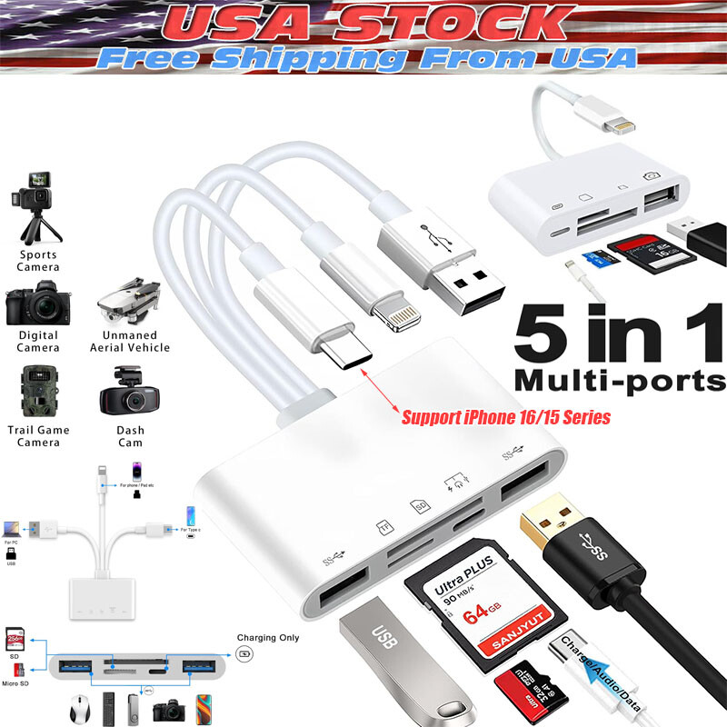 5 in 1 USB SD TF Card Reader Camera Adapter For iPhone 16 15 14 13 12 11 Pro Max