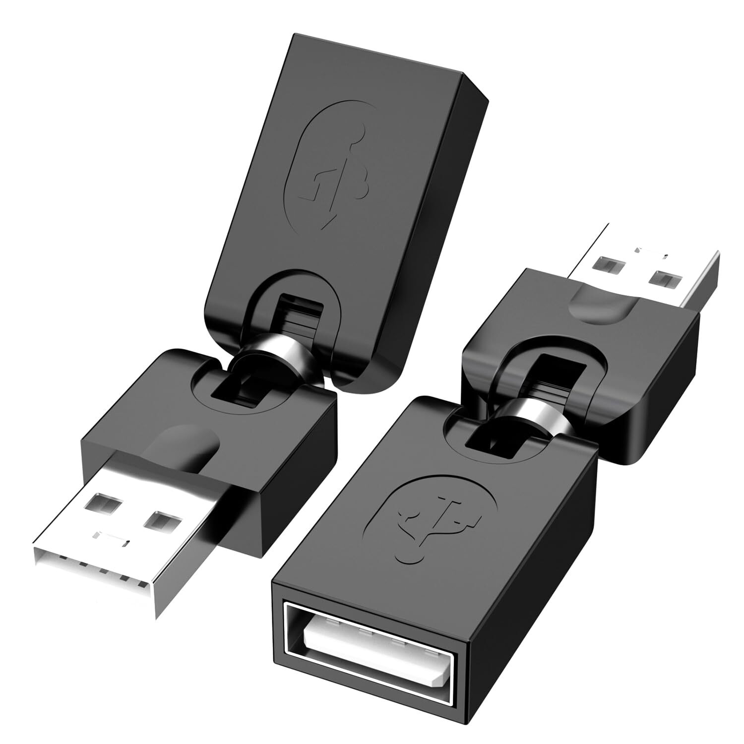 Swivel USB 2.0 Adapter 360° Rotation Male to Female Right Angle Black 2 Pack