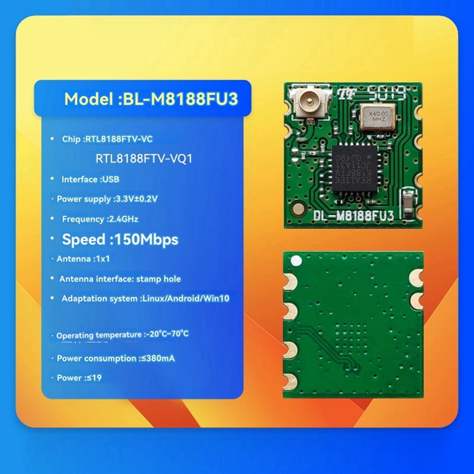3X RTL8188FTV WIFI Module with for Linux Android USB Interface 2.4GHz6511