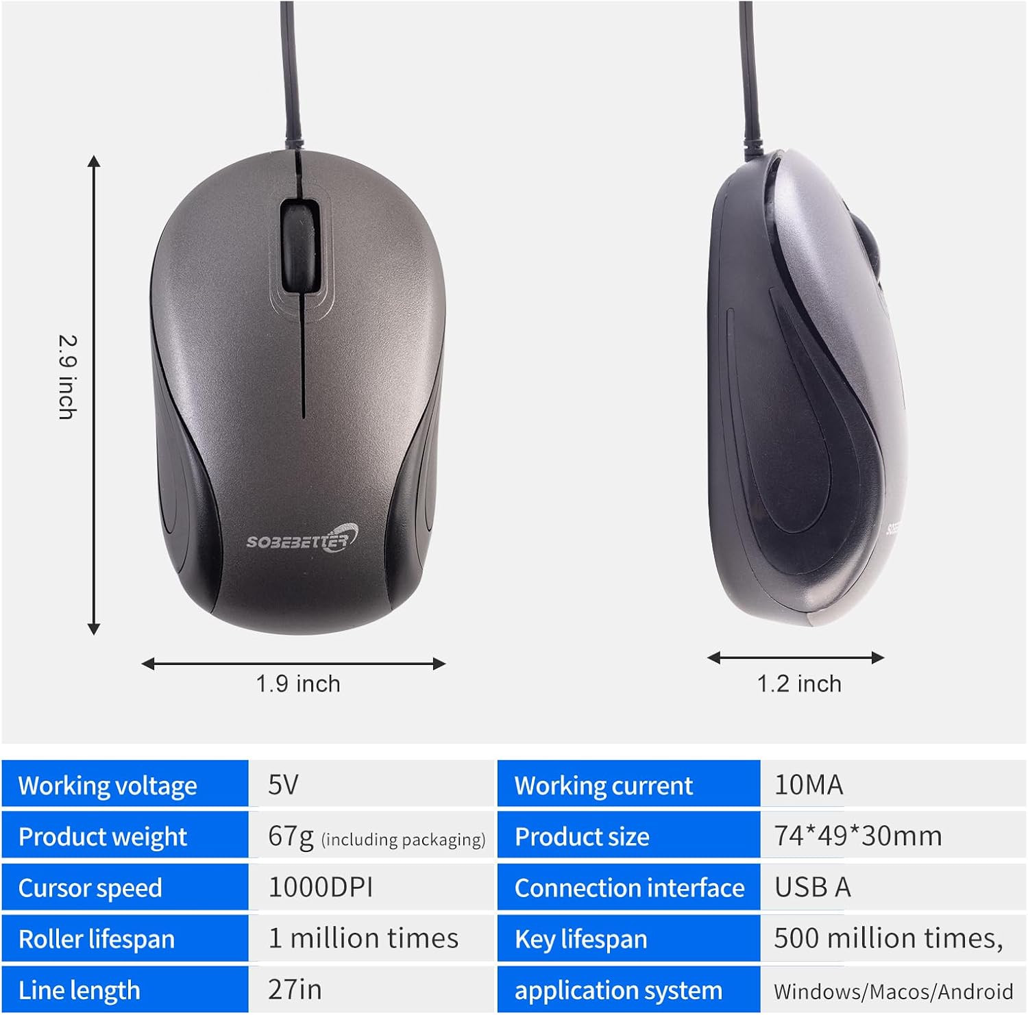 USB Wired Mini Mouse,Small Travel Mice Corded with Retractable Cable-Gray