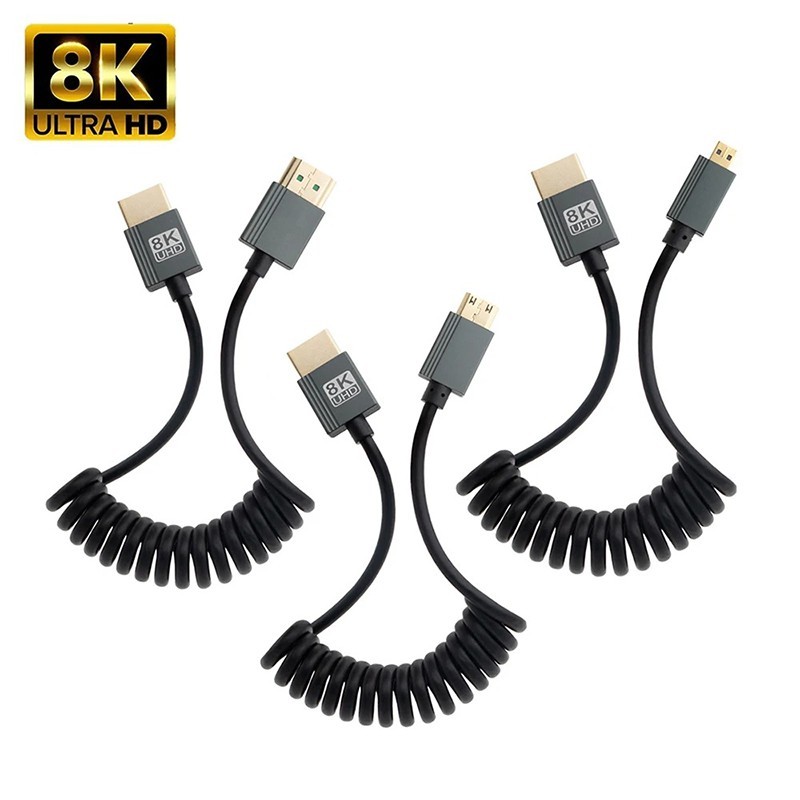 8K HDMI to MINI/Micro HDMI Coiled Cable 90 Degree Angled 2.1 Cable for Camera PC