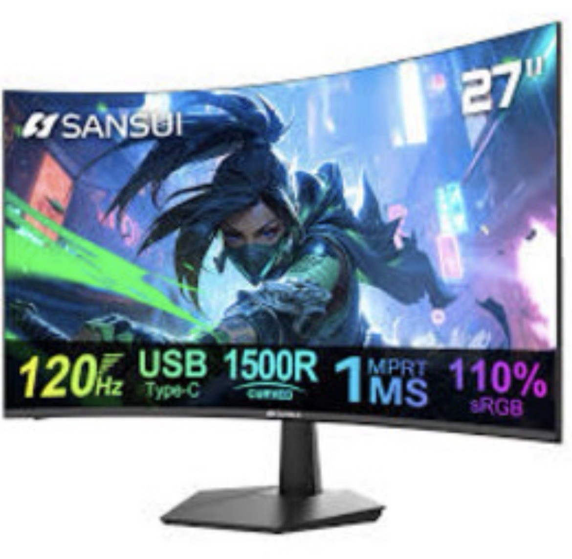 SANSUI Curved Monitor 27in 120Hz USB Type-C Computer Monitor Built In Speakers