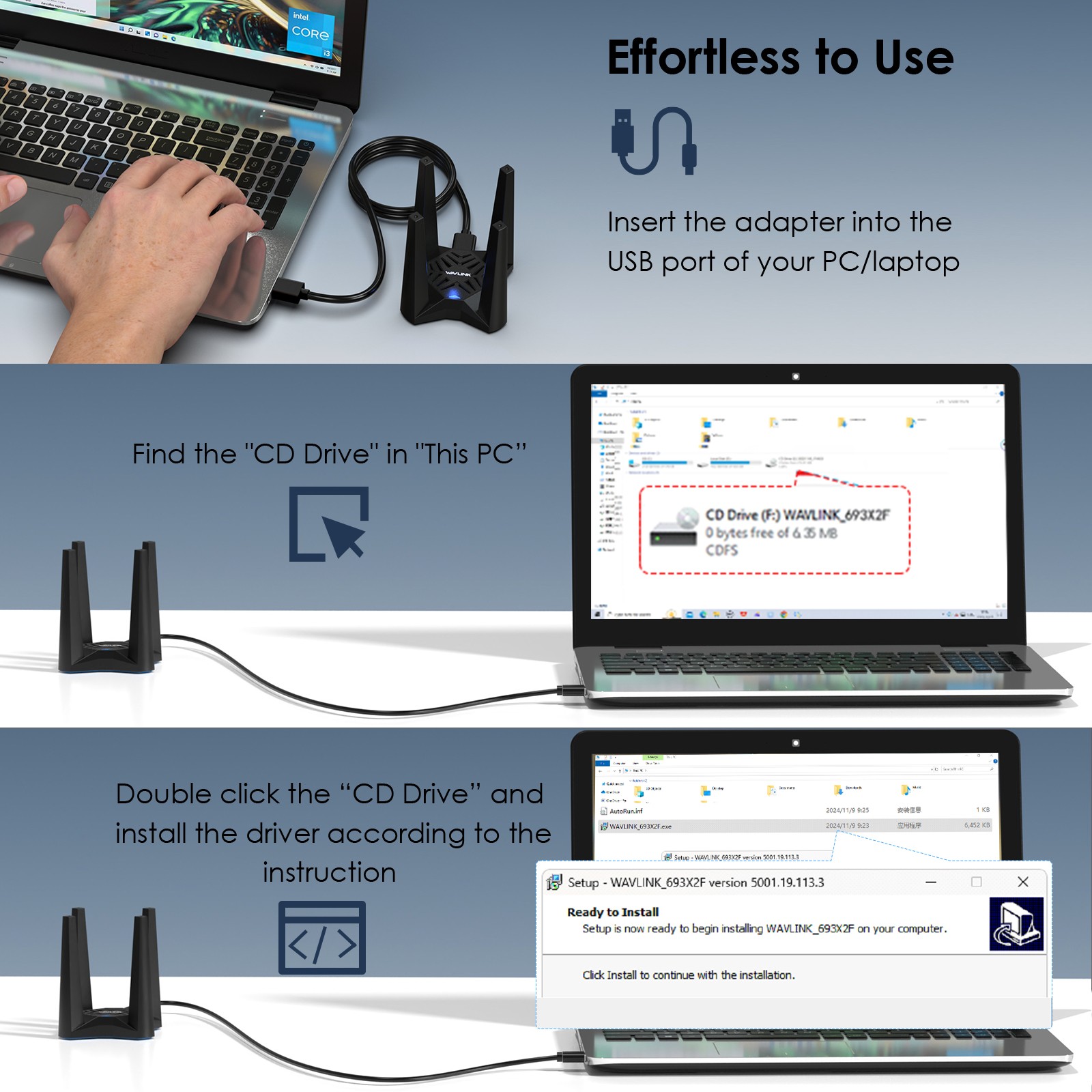USB 3.0 WiFi Adapter for Desktop PC Wireless WiFi 7 WiFi 6E Tri-Band Dongle