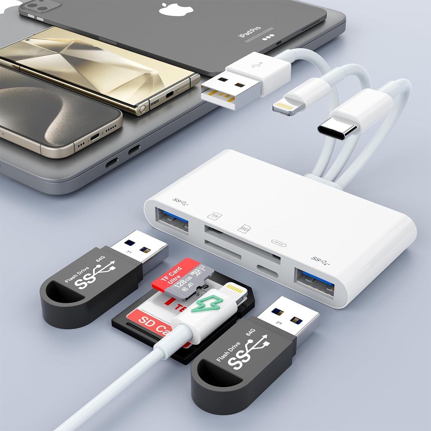 5 in 1 USB SD TF Card Reader Camera Adapter For iPhone 16 15 14 13 12 11 Pro Max