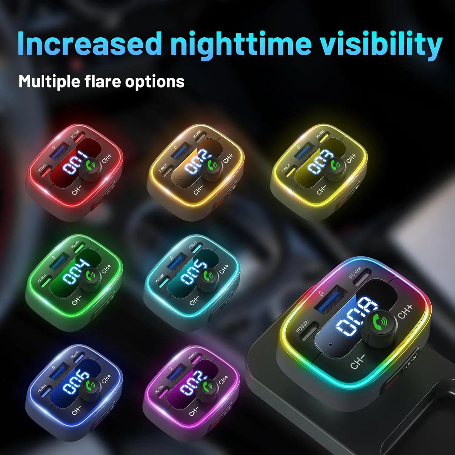 Bluetooth 5.4 Car FM Transmitter Adapter 60W Fast Charger Handsfree LED