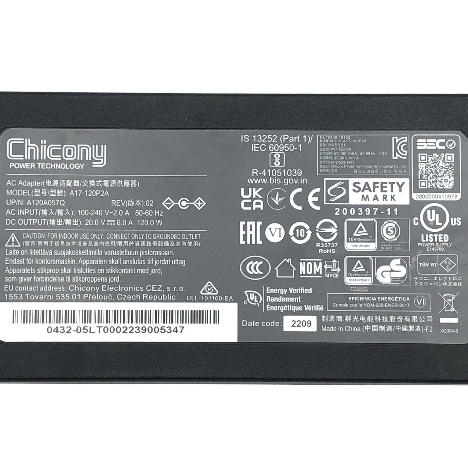 Original Chicony AC Adapter A17-120P2A Power Supply 20V 6A Charger 5.5mm