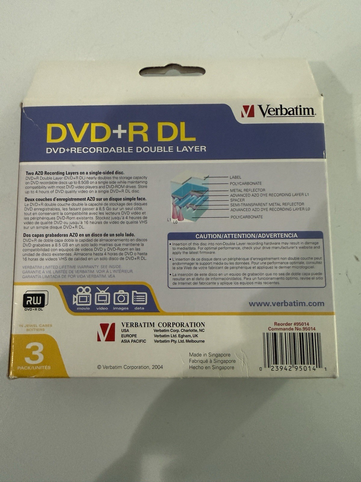 Verbatim 8.5 GB DVD+R DL 3 Pack Recordable Double Layer Disc Jewel Cases Sealed