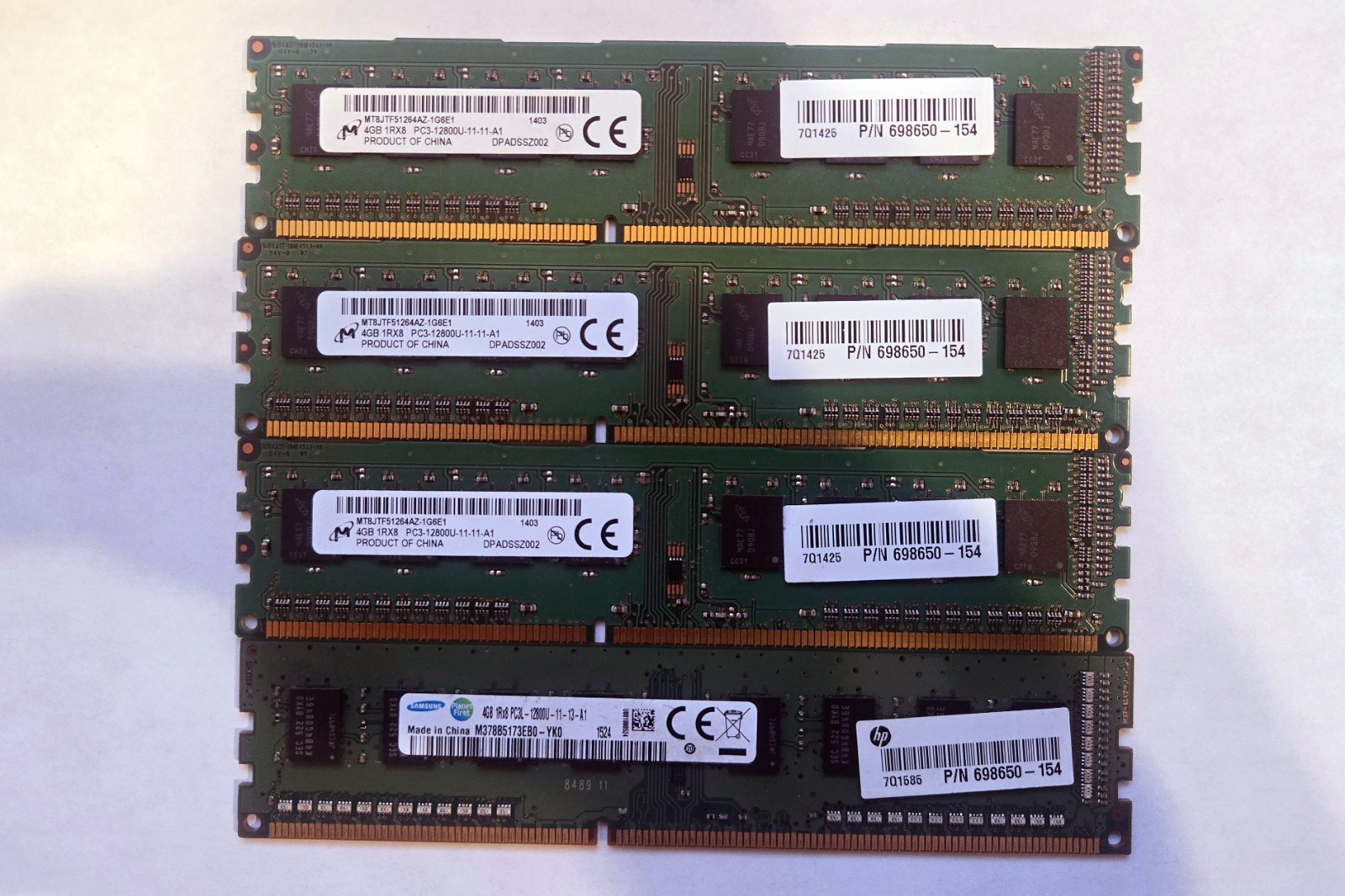 HP (698650‑154) Samsung Micron 4GB 16GB DIMM DDR3 PC3-12800 1600 MHz SDRAM