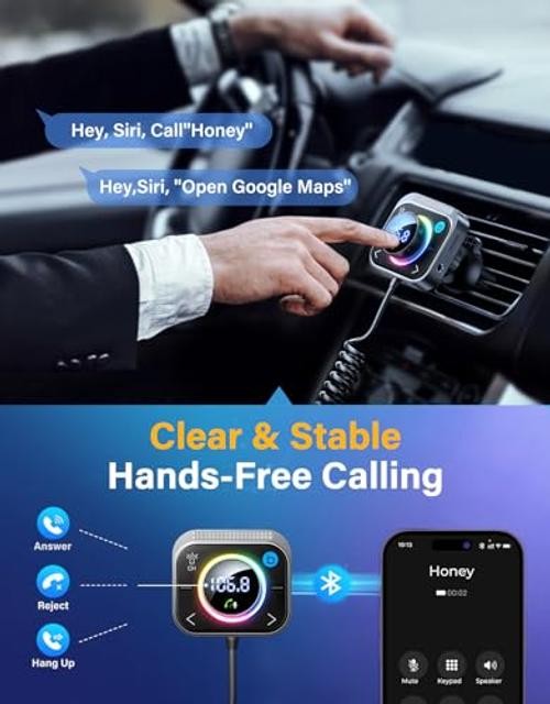 96W FM Transmitter Bluetooth 6.0 Car Adapter Aux with 3 Charging Black