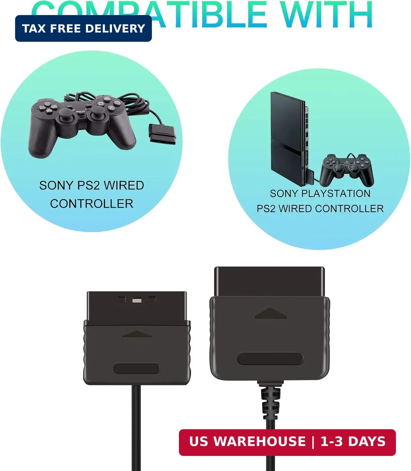 Xahpower 2Pack 6Ft Controller Extension Cable for PS2, 1.8m Controller Extension