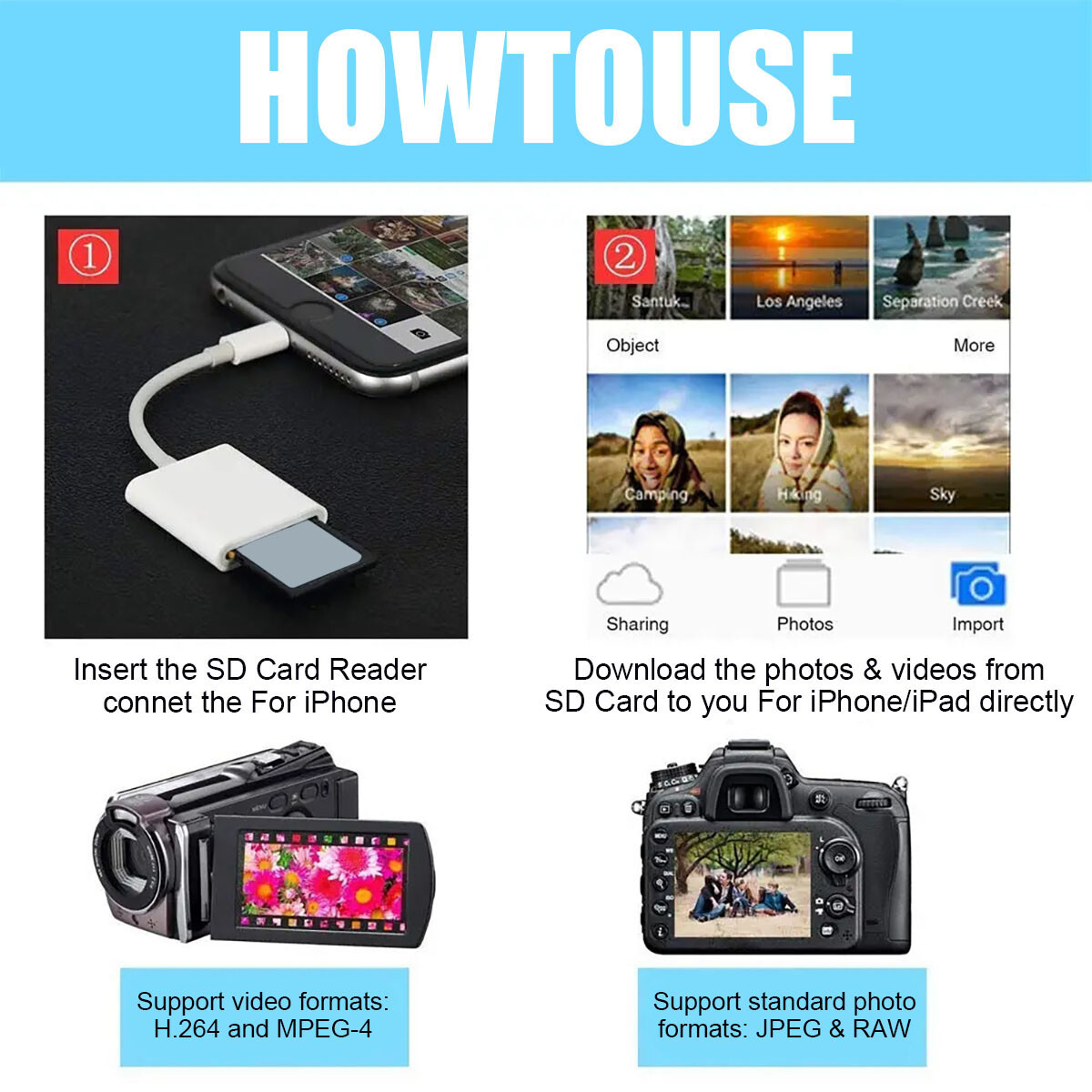 2in1 Micro SD/TF Dual Slot Memory Card Reader for iPhone iPad Camera Adapter Lot