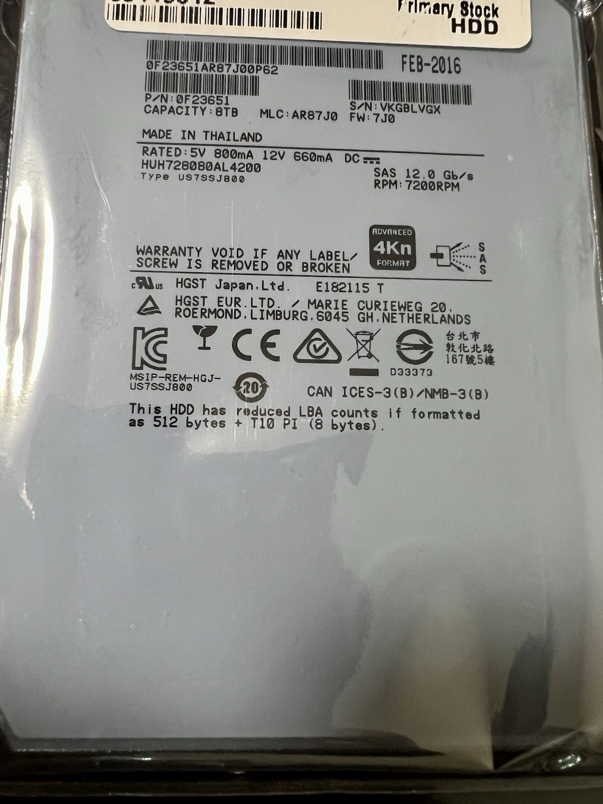 NEW SEALED HGST Ultrastar 8TB 7.2K SAS 12Gb/s 3.5in HDD HUH728080AL4200 0F23651