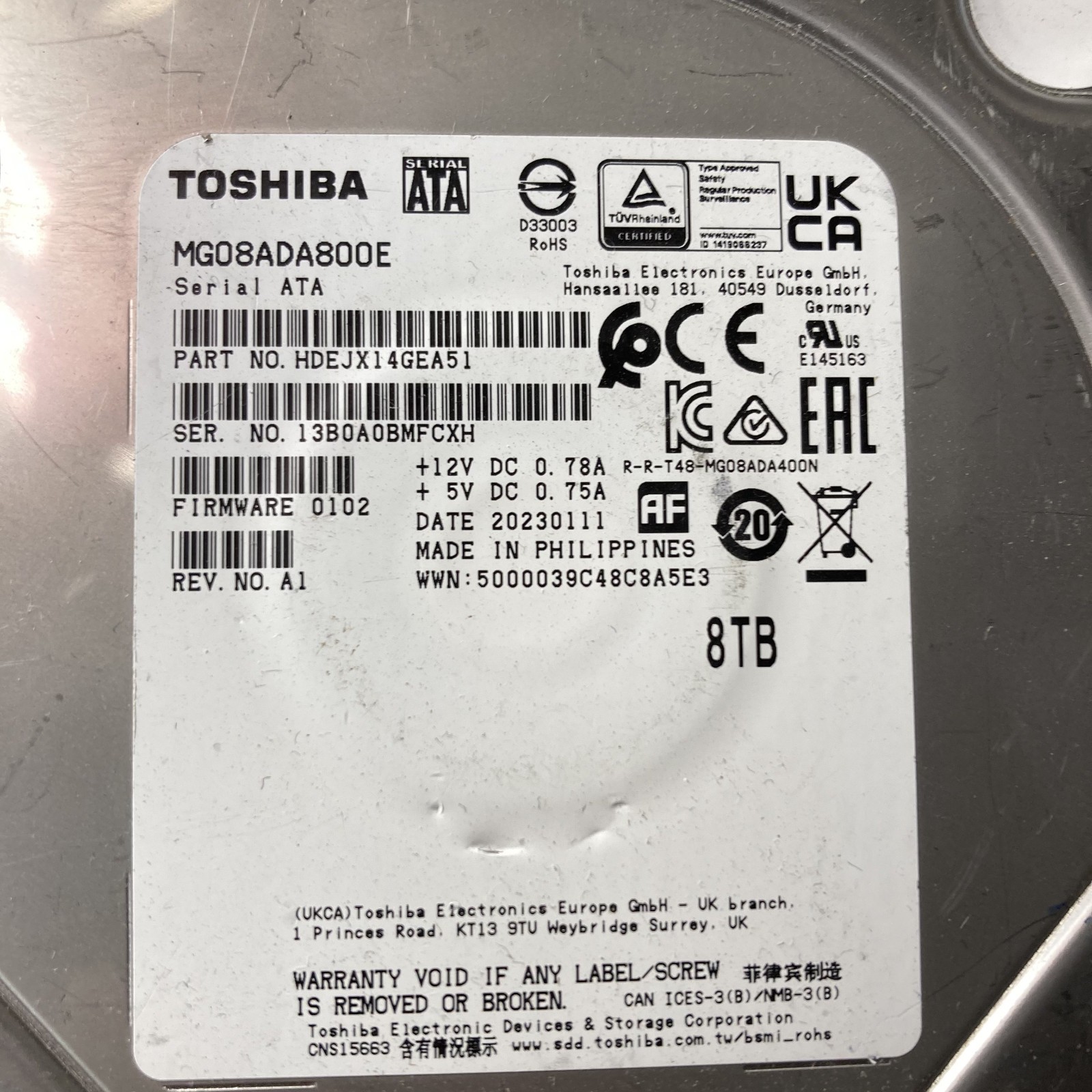 Toshiba MG08ADA800E 8TB 3.5″ 7200 RPM SATA Hard Drive HDEJX14GBA51
