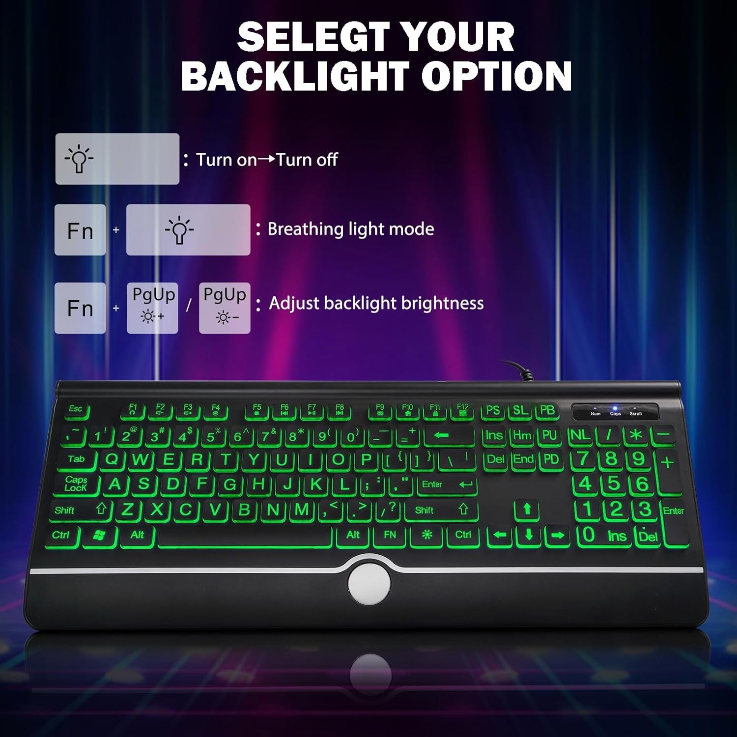 Large Print Backlit Computer Keyboard, 7-Color Backlit Keyboard with Wrist Rest,