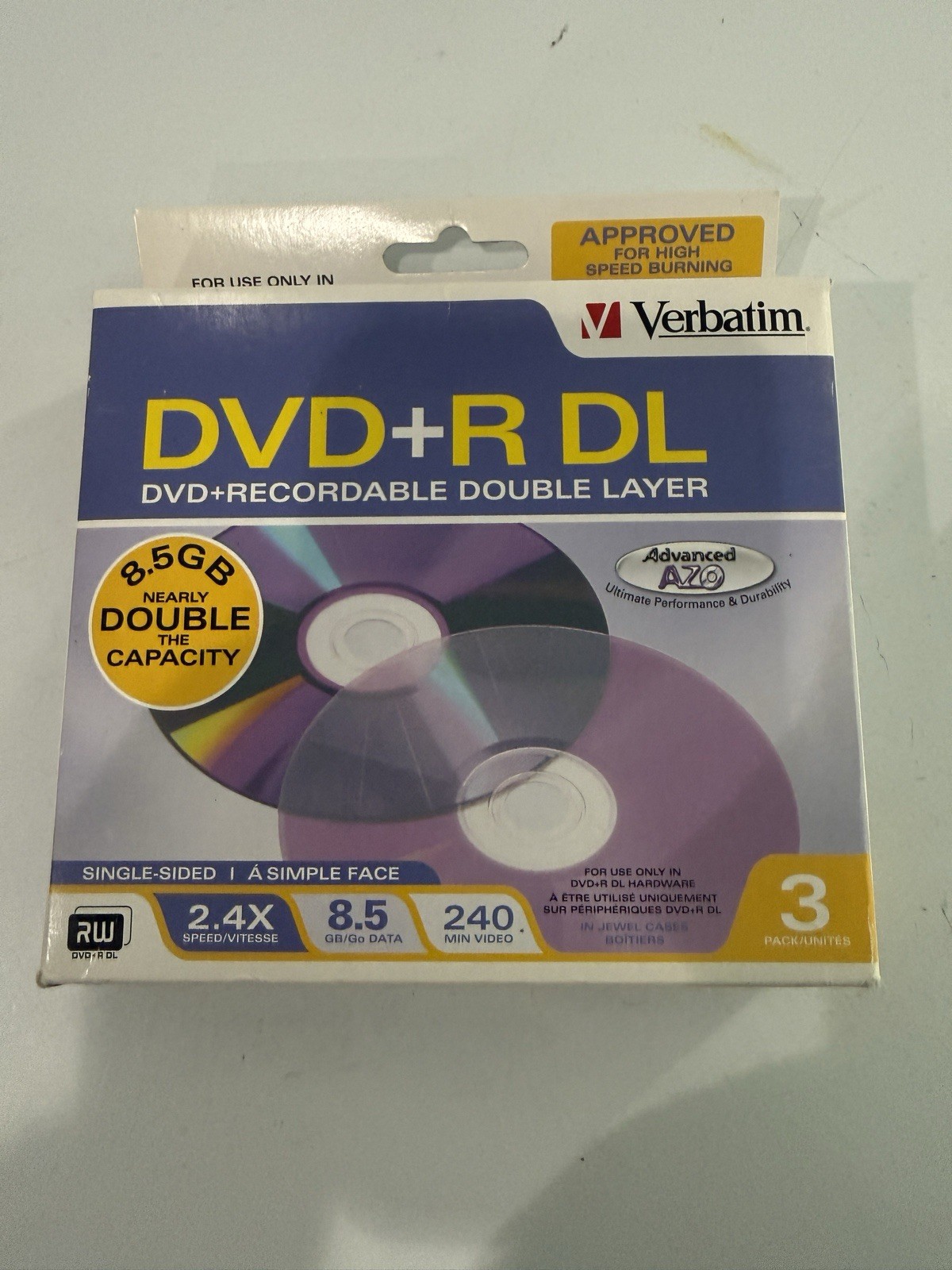 Verbatim 8.5 GB DVD+R DL 3 Pack Recordable Double Layer Disc Jewel Cases Sealed