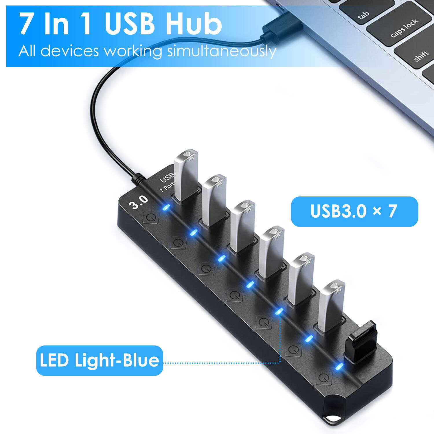 7 Port USB 3.0 Hub Splitter Adapter On/Off Switch High Speed For PC Laptop Mac