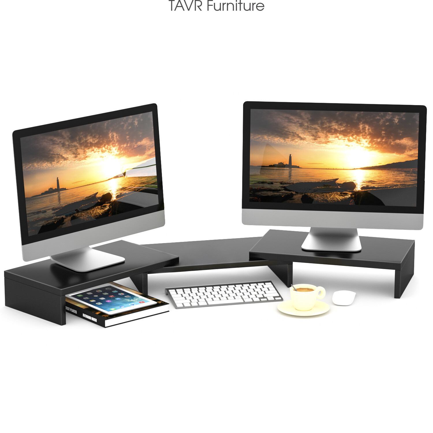 Wood Dual Monitor Desktop Stand Risers with Length and Angle Adjustable 3 Shelf