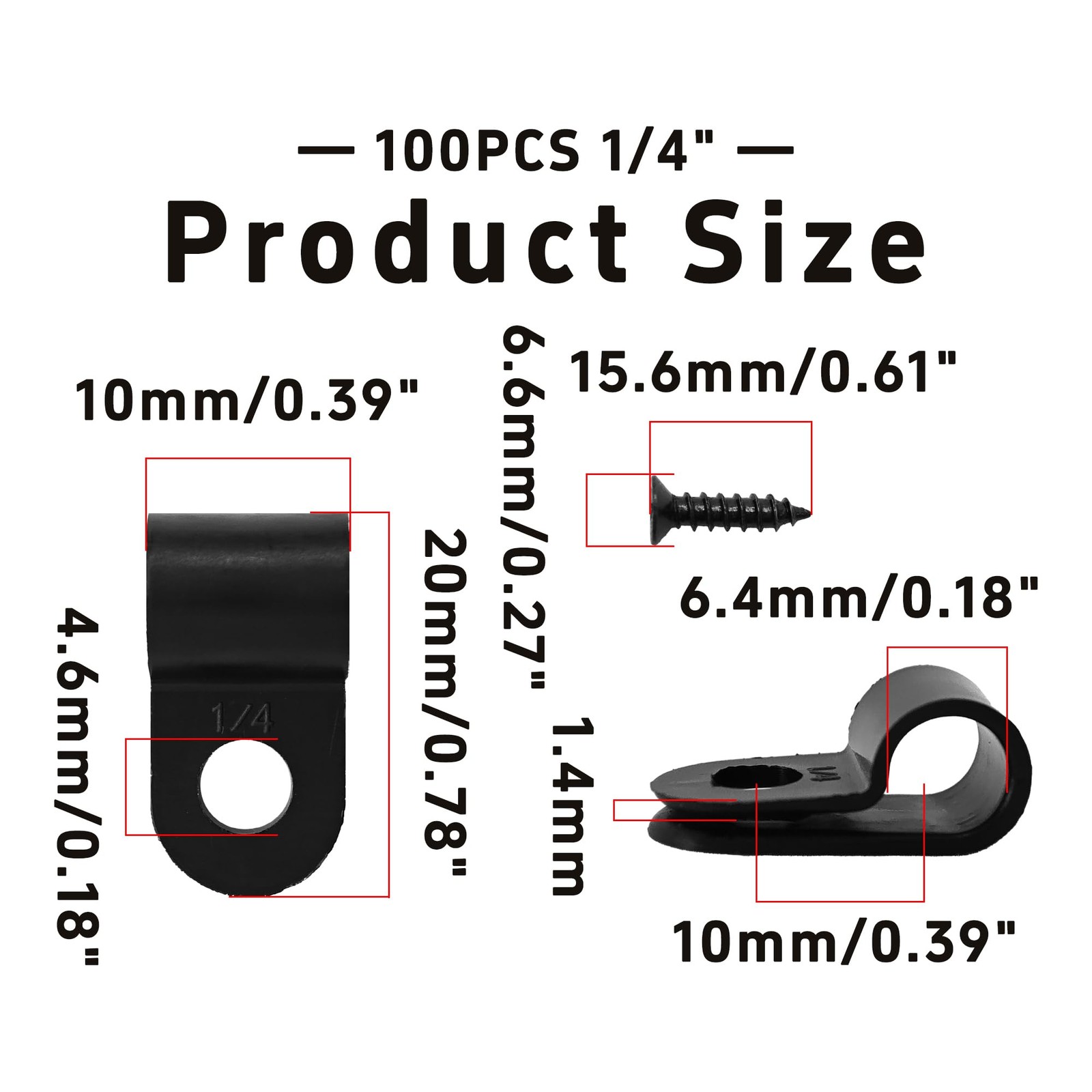 100 PCS RType Cable Clips 1/4″ Black Nylon Plastic Wire Clamps Screws Home