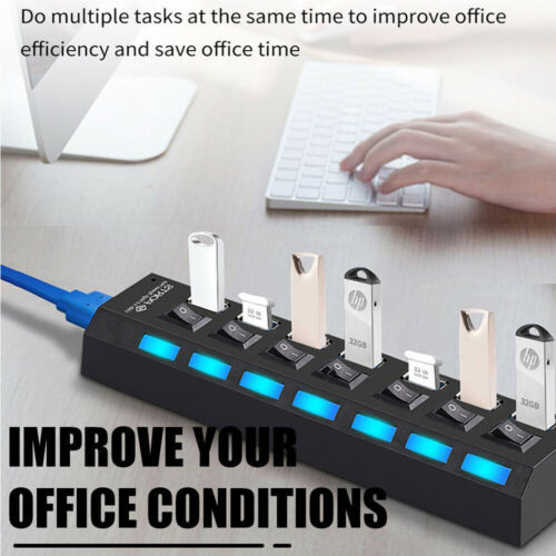 USB Hub 7 Port On/Off Switch High Speed Splitter AC Adapter Cable PC Laptop Lot