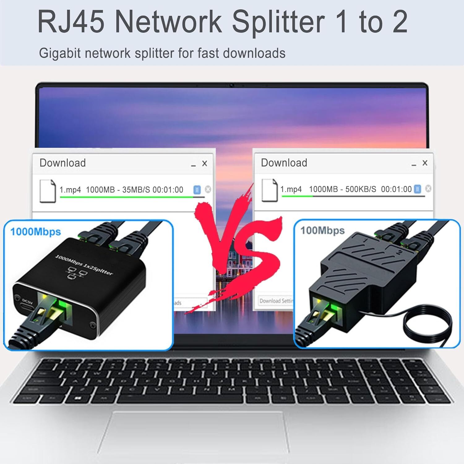 RJ45 Gigabit Ethernet Splitter 1000Mbps LAN Network Internet 1 to 2 Out Adapter
