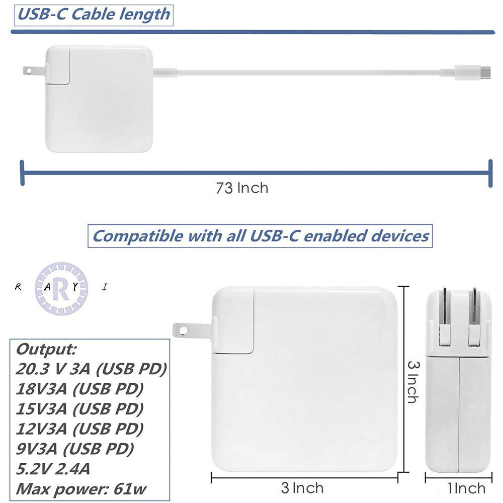 61W USB C Type C Adapter MacBook Pro 13” A1708 2016 2017 2018 2019 2020 Charger