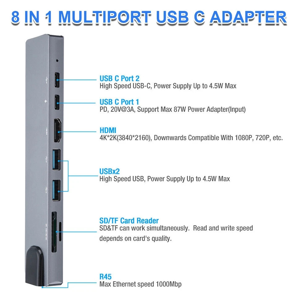 8 in 1 USB-C Hub Type C To USB 3.0 4K HDMI PD Adapter For iPhone Macbook Pro/Air