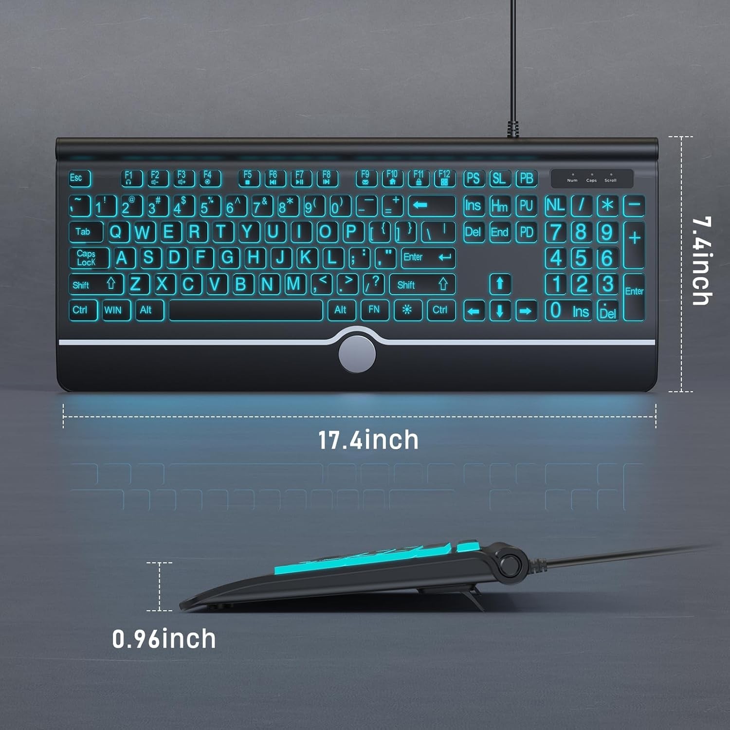 Large Print Backlit Computer Keyboard, 7-Color Backlit Keyboard with Wrist Rest,