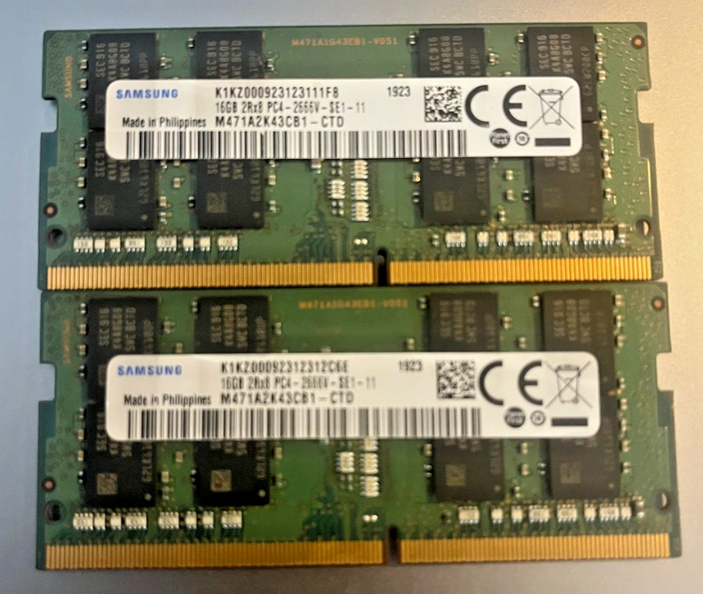 Lot of (2) Samsung 16GB 2Rx8 PC4-2666V M471A2K43CB1 SODIMM DDR4 laptop memory