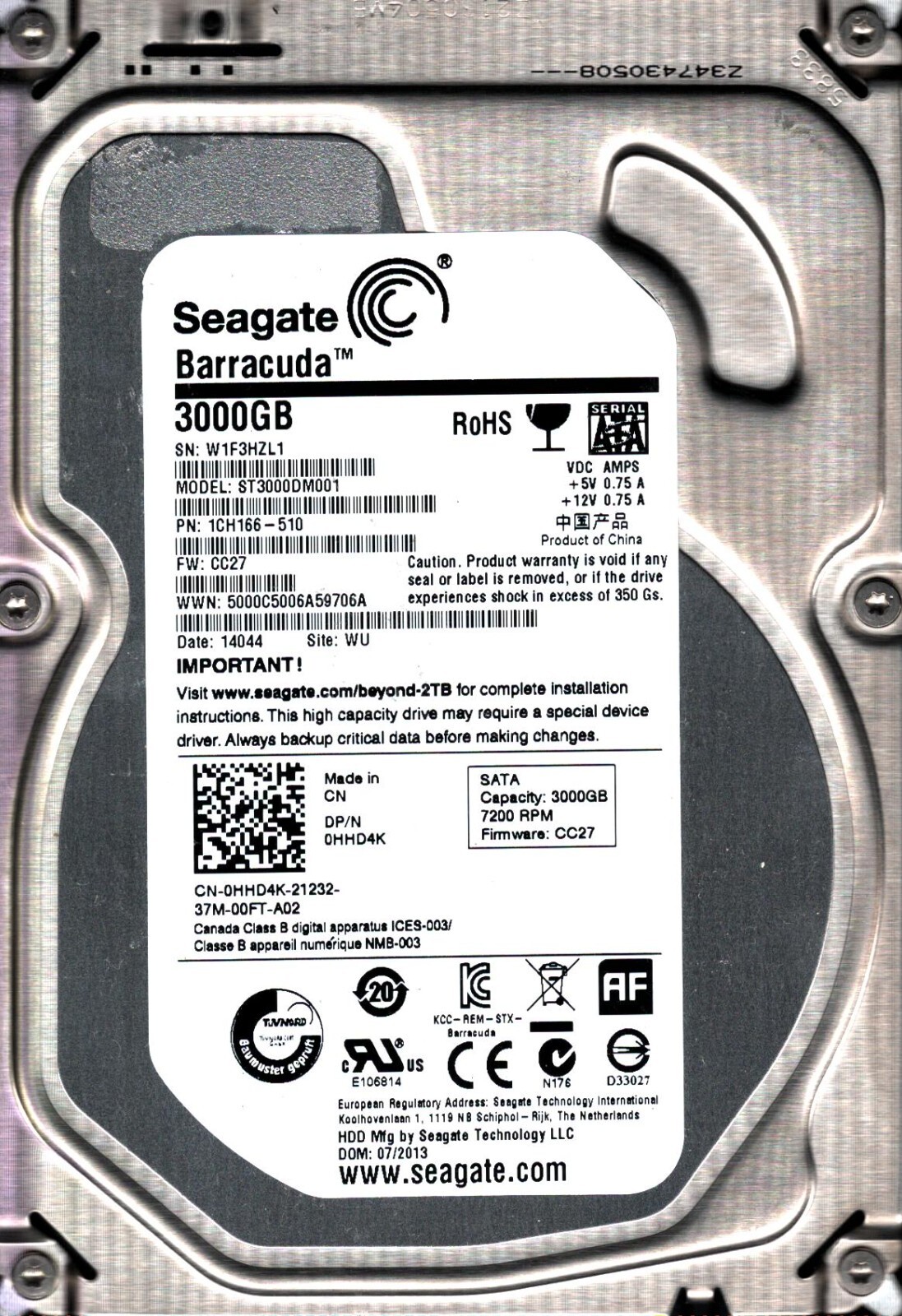 ST3000DM001 P/N: 1CH166-510 F/W: CC27 S/N: W1F3 WU 3TB JUL 2013 CHINA SEAGATE