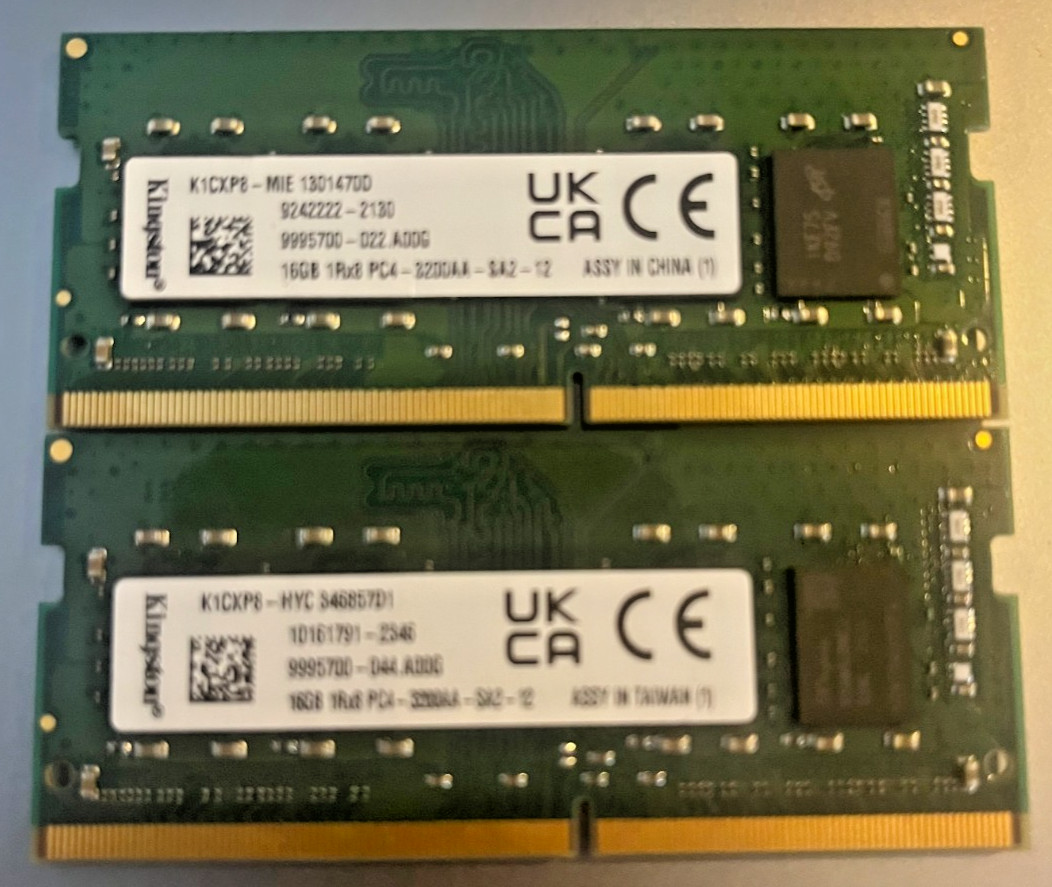 Lot of (2) Kingston 16GB 1Rx8 PC4-3200AA Laptop SODIMM Memory RAM K1CXP8