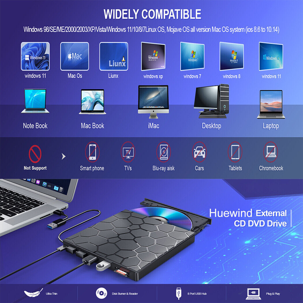 USB 3.0 Slim External CD DVD Drive Disc Player Burner Writer For Laptop PC Mac