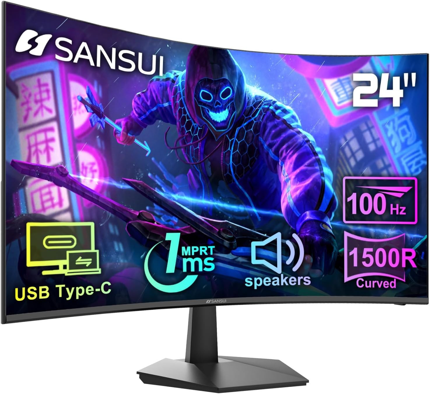 SANSUI Curved Monitor 24 inch FHD 100Hz USB Type-C Built-in Speakers
