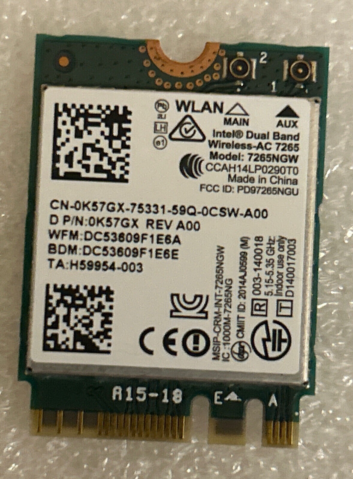 Intel Dual Band Wireless-AC 7265 802.11AC 867Mbps Wi-Fi + Bluetooth 7256NGW WLAN