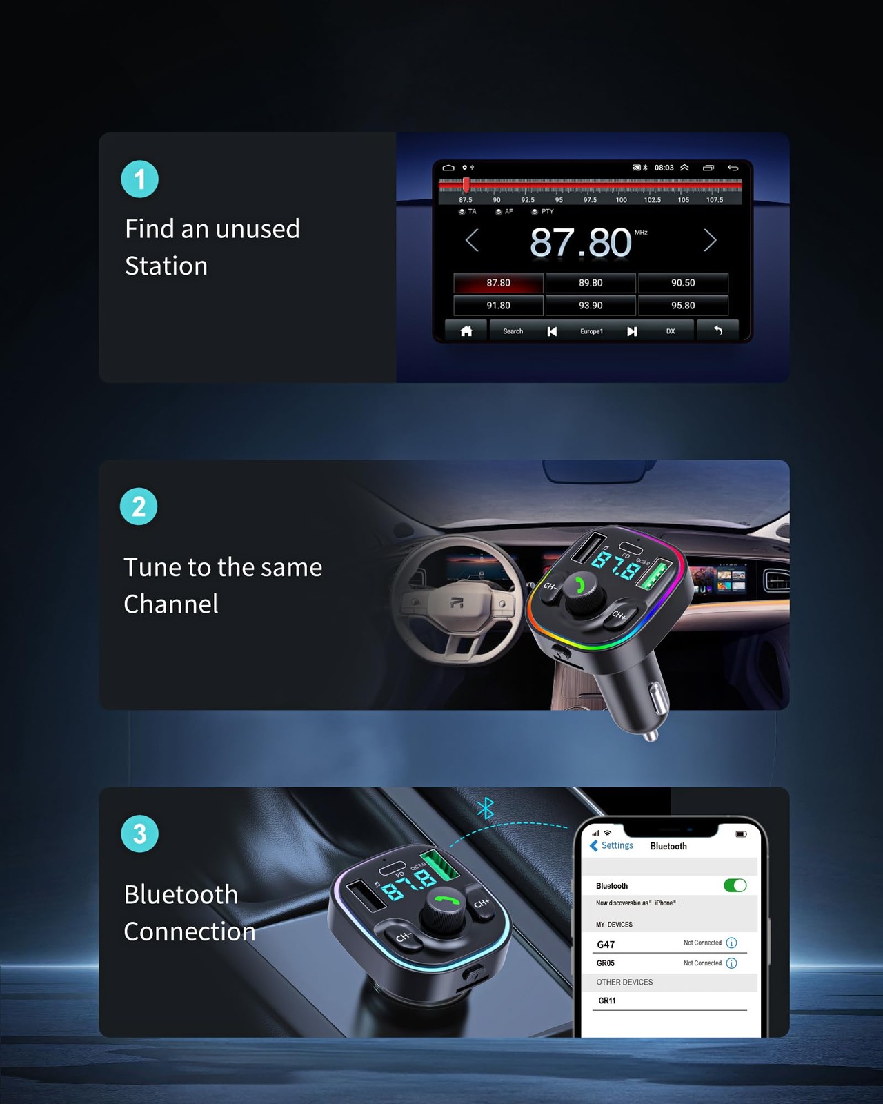 Bluetooth 5.4 FM Transmitter Car Adapter – Car Bluetooth Adapter with Fast Ch…