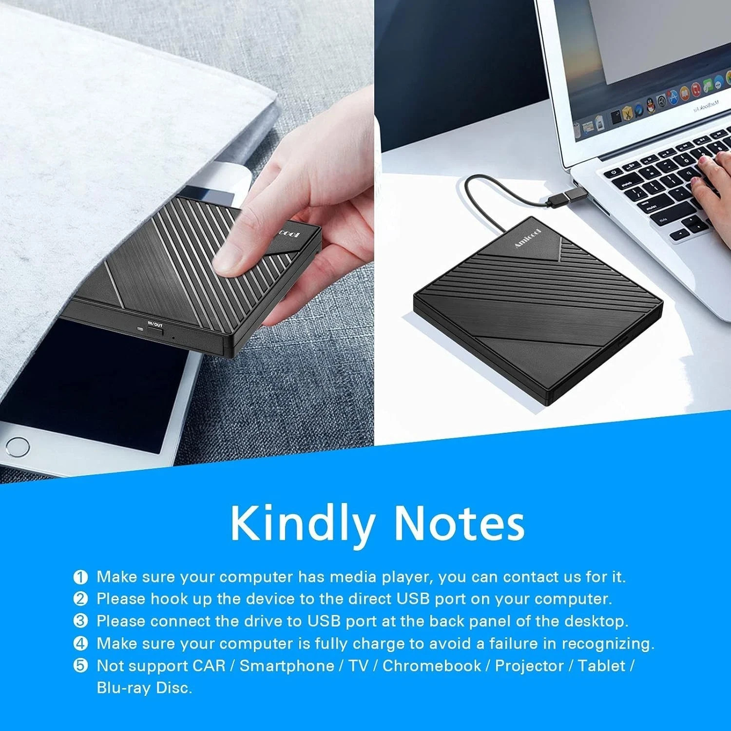 External DVD Drive USB 3.0 USB C CD Burner CD/DVD +/-RW Optical Drive, Slim Port