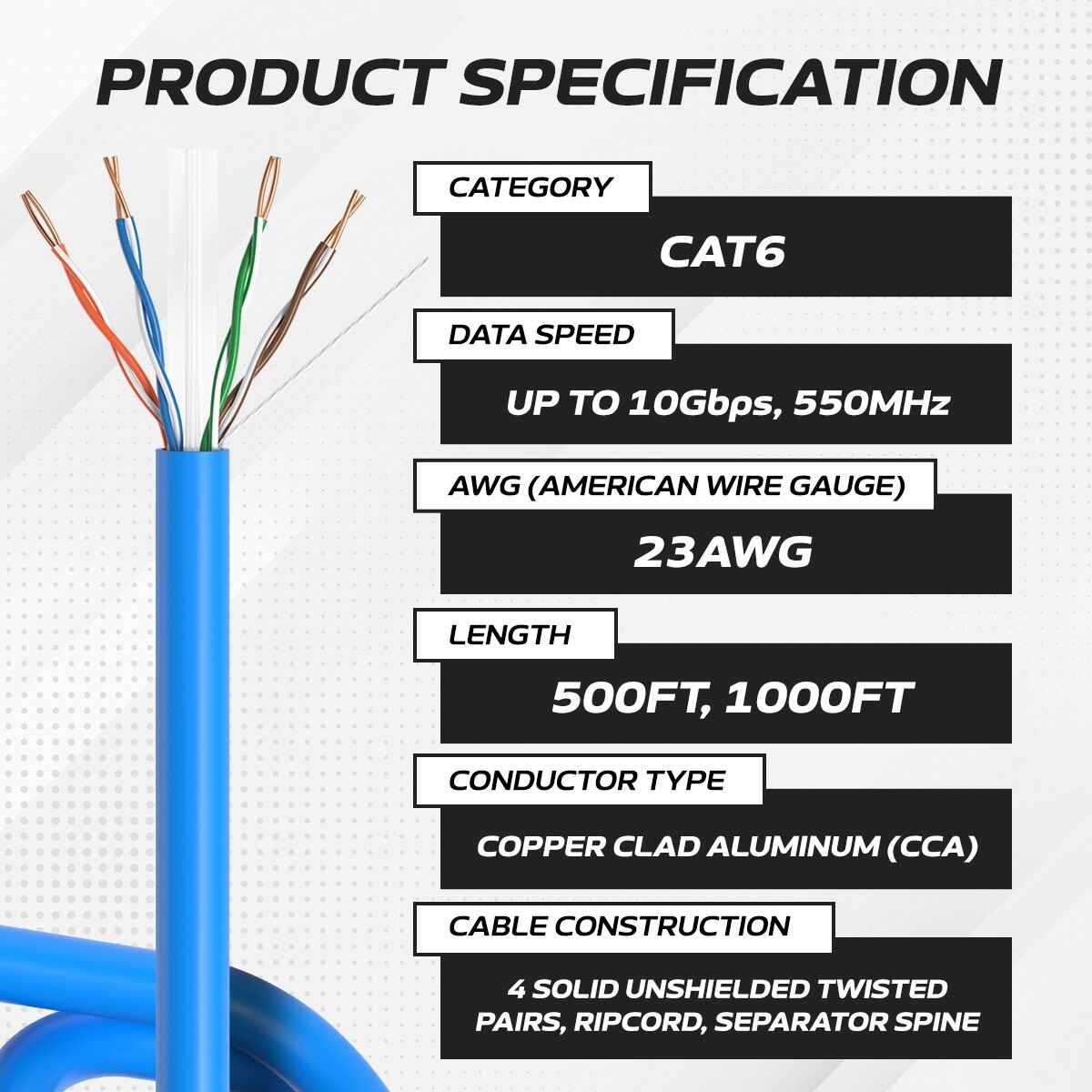 CAT6 1000ft UTP Solid Ethernet Cable 23AWG CCA Network LAN Bulk Wire RJ45 LOT
