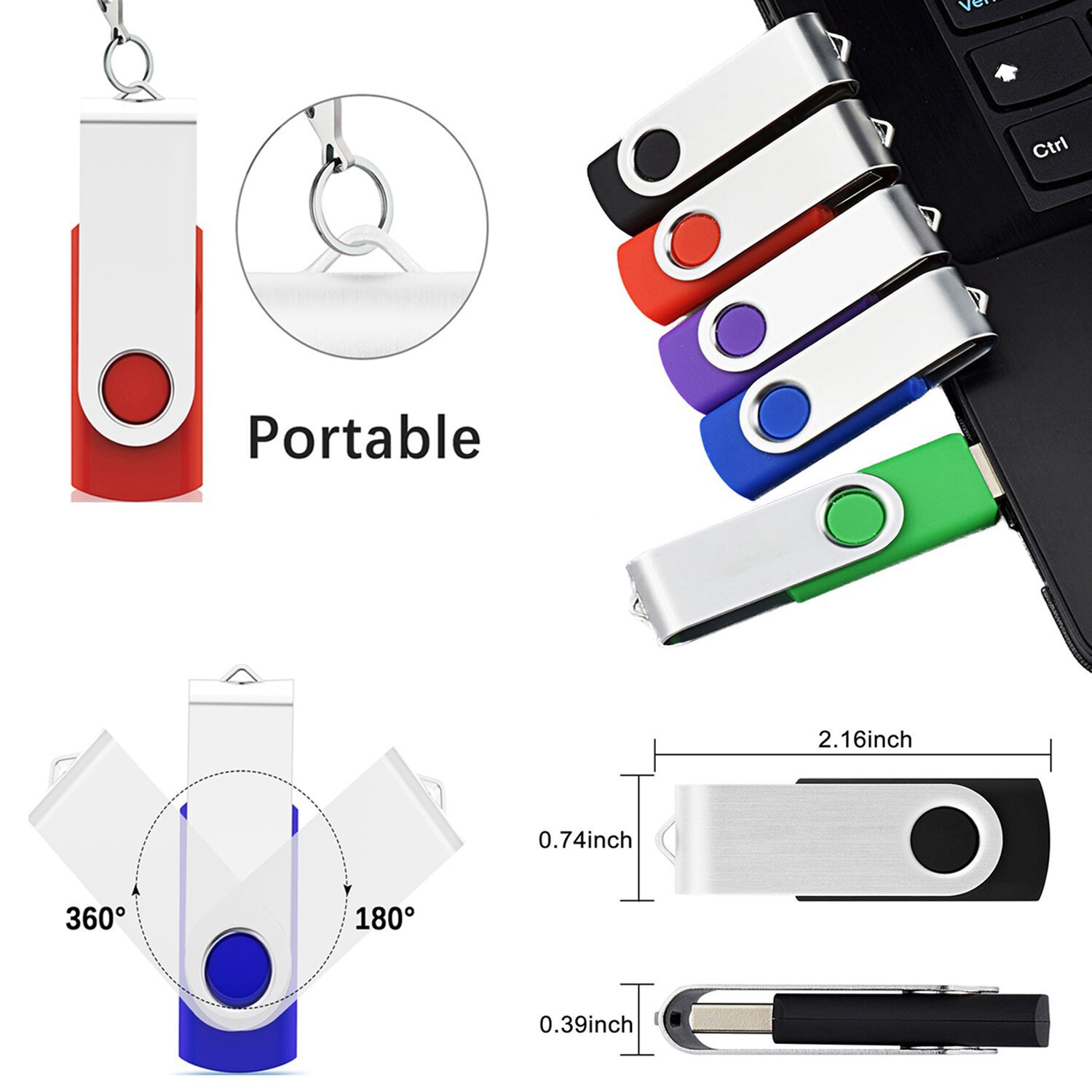 5 Pack Rotating Swivel USB 2.0 Mini Flash Drive 1GB-32GB Blank Data Memory Stick