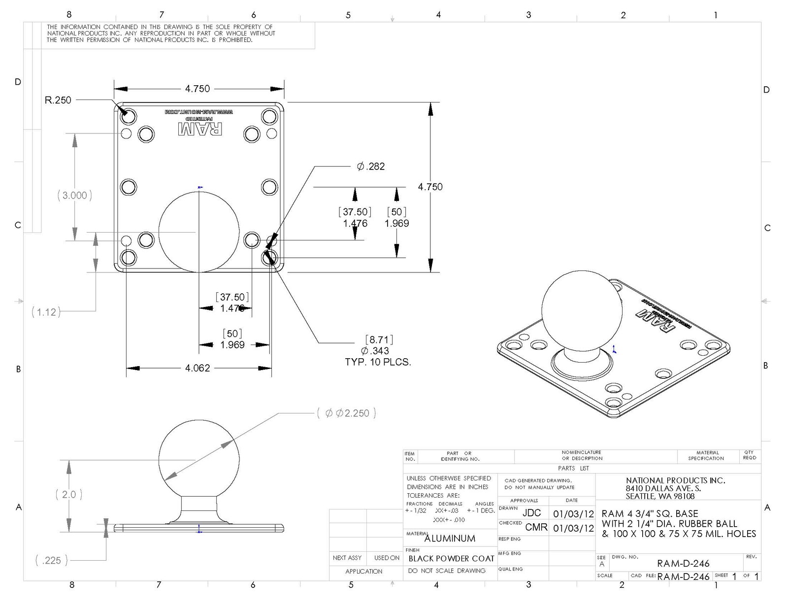 RAM 8″ Upper Pole with D Size Short Mount and 100mm x 100mm VESA Plate
