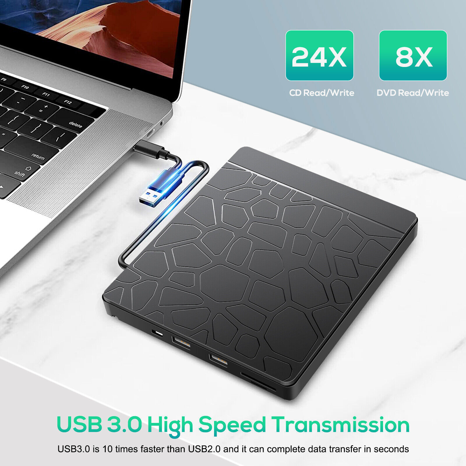 7 in 1 Slim External CD DVD Drive USB 3.0 USB C Disc Player Burner Writer Laptop