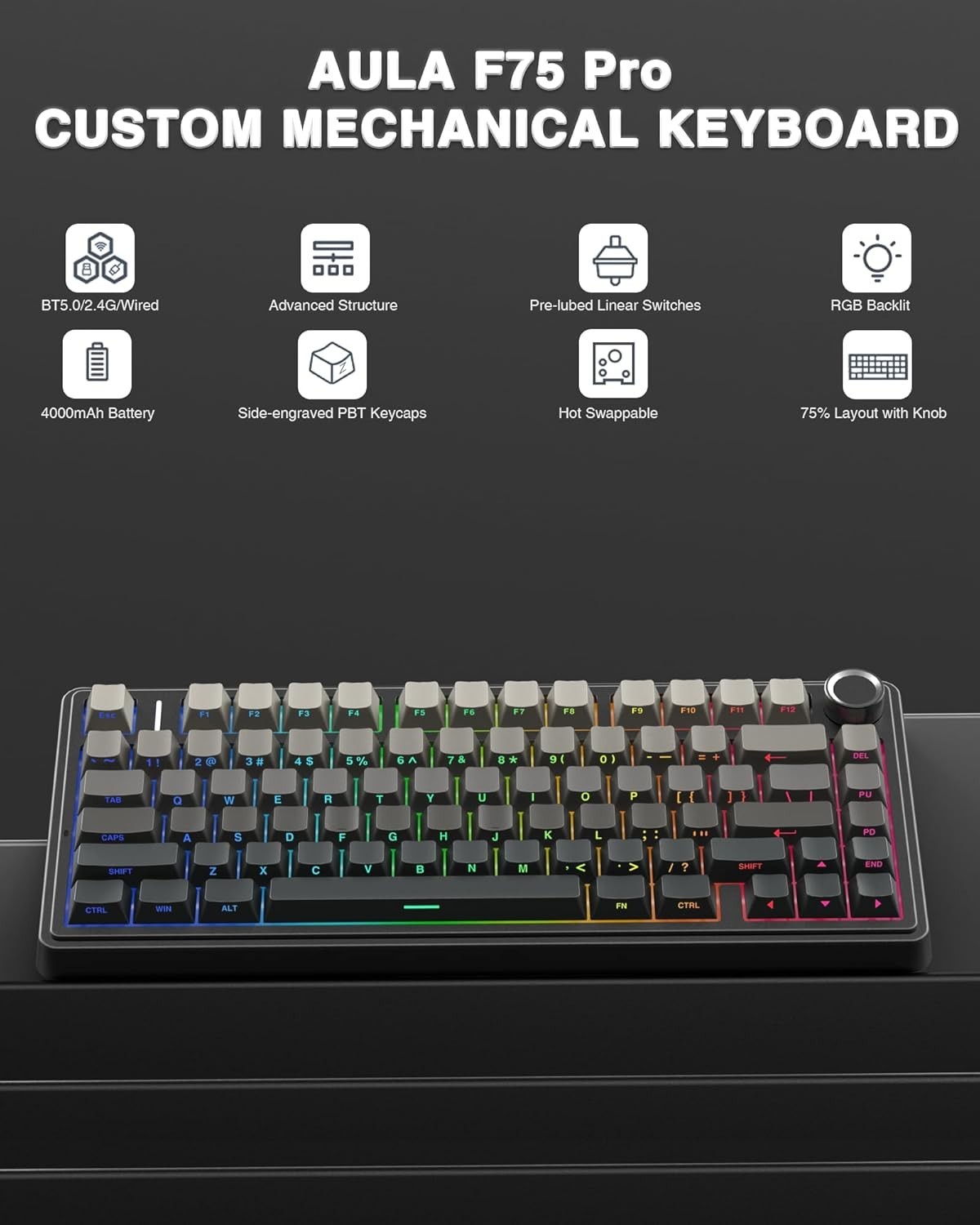 F75 Pro Wireless Mechanical Keyboard,75% Hot Swappable with Knob RGB Backlit