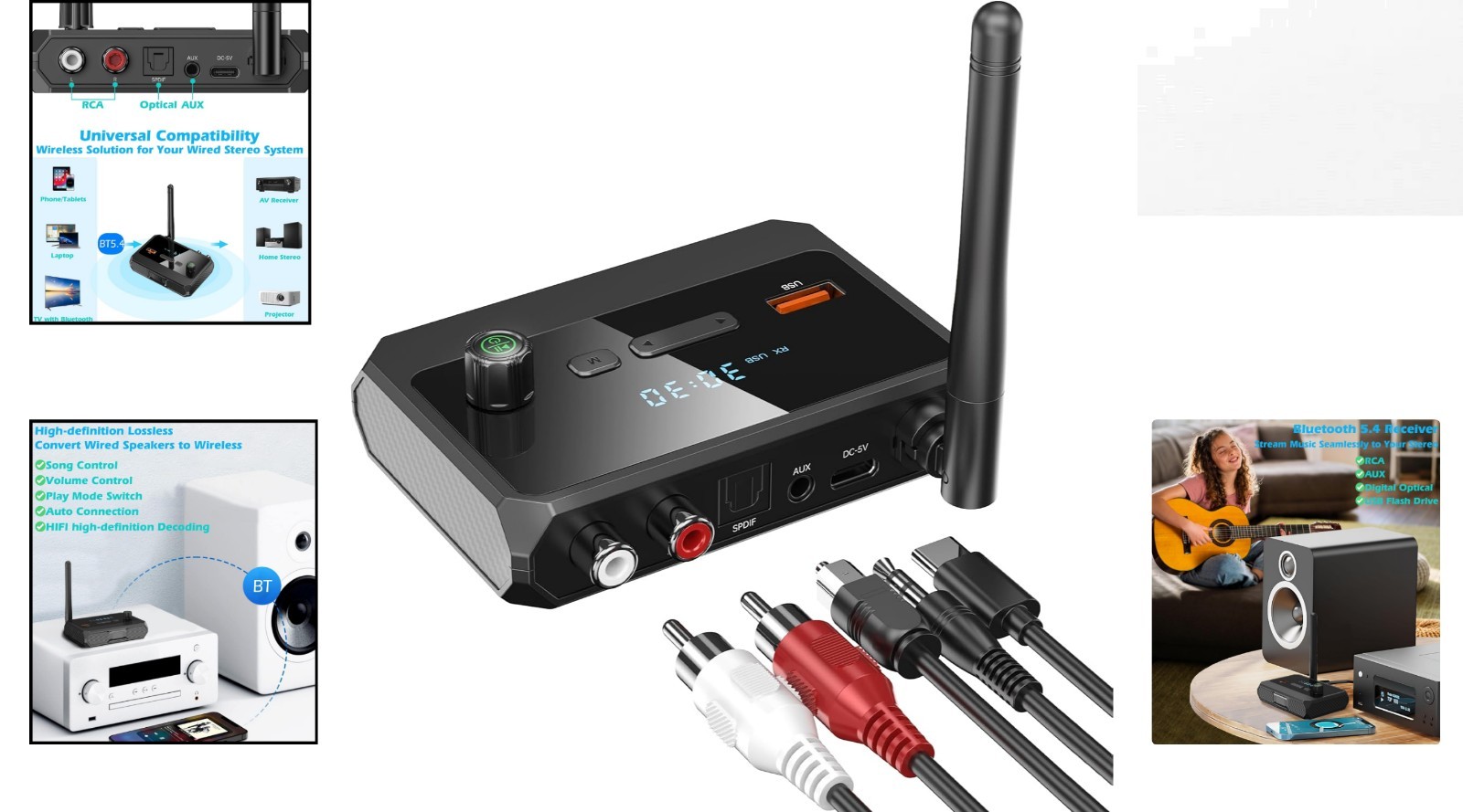 Compact Bluetooth 5.4 Receiver with Optical, RCA & AUX – Upgrade Your Home Audio
