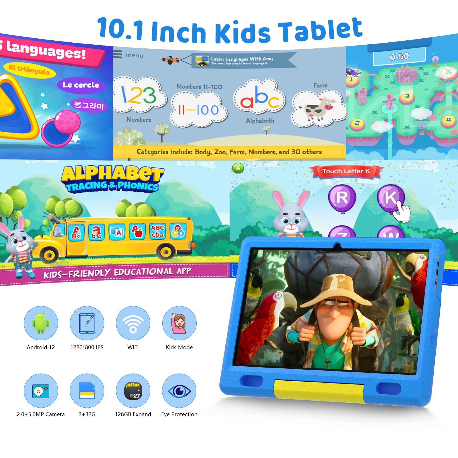 10.1 ” Android 13 Tablet 6GB RAM 64GB ROM for kids IPS LCD HD Dual Camera WIFI
