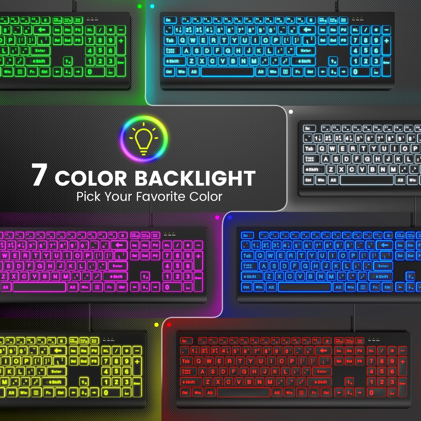 Large Print Backlit Keyboard, Wired USB Lighted Computer Keyboards with 7-Color