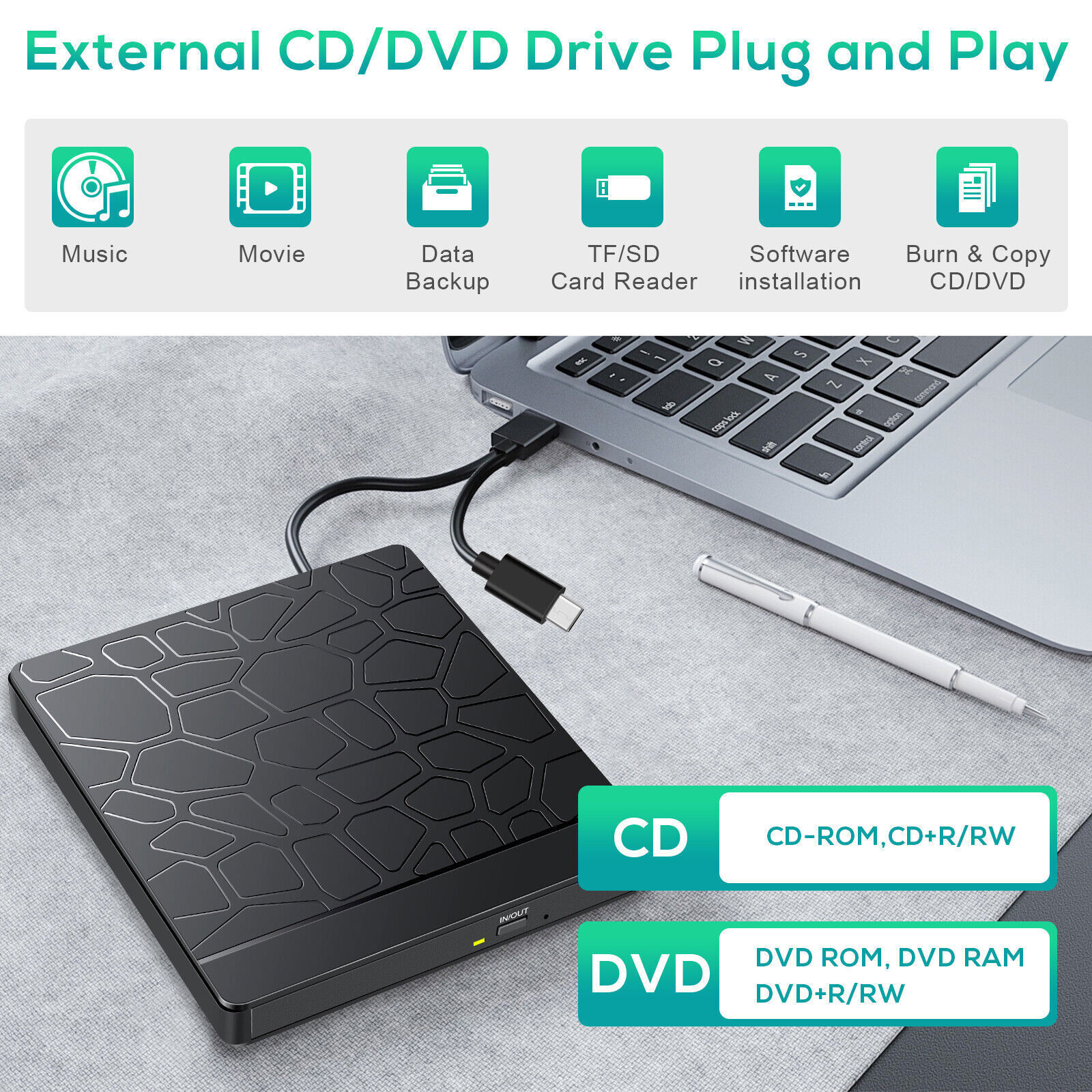 USB External DVD CD Hard Disc Burner Player Reader Optical Drive for PC Laptop