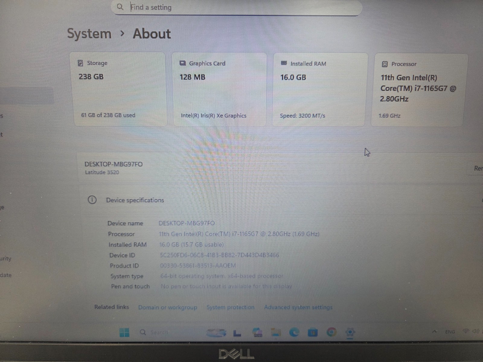 DELL LATITUDE 3520 i7-1165G7 2.80GHZ 16GB–256GB SSD WIN 11 PRO