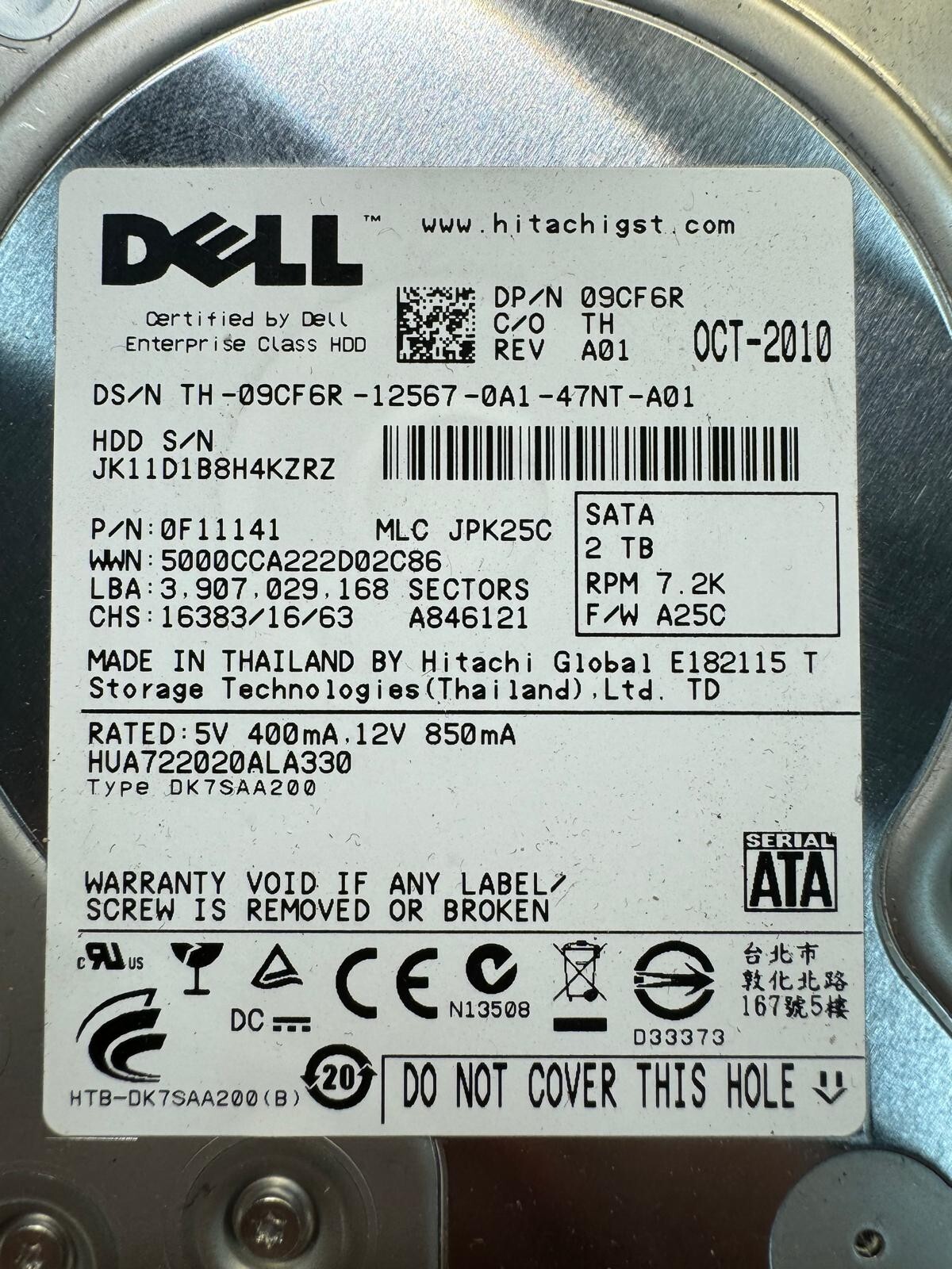 DELL HUA722020ALA330 0F11141 09CF6R 2TB 7.2K RPM 64MB CACHE 6Gb/s SATA 3.5″ HDD