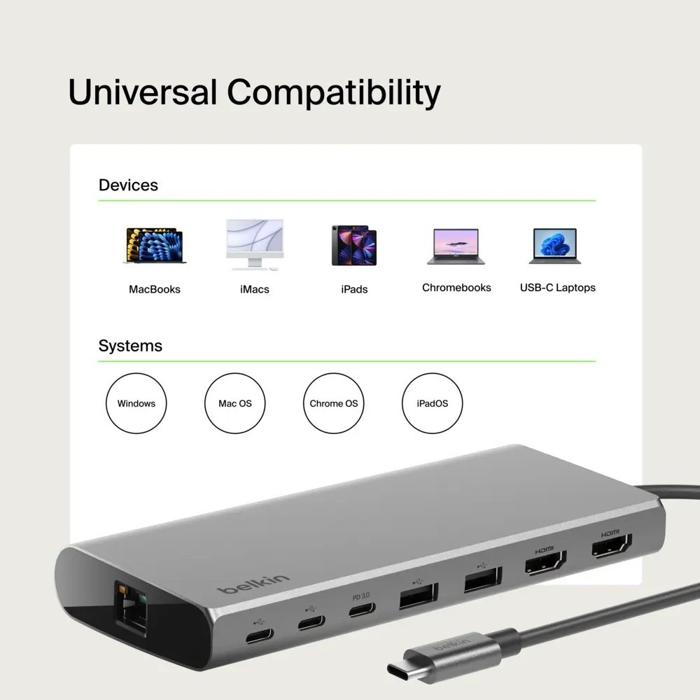 Belkin Connect Universal USB-C 8-in-1 Dual Display Core Hub w Silicon Motion